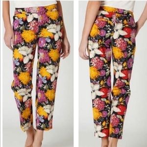 Anthropologie Black Floral Cropped Pants with Yellow, Purple & White Blooms